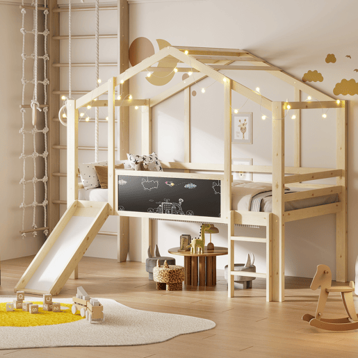 Cama infantil 90x200 cm - Design loft com escada e escorregador, quadro de grafite, cama multifuncional, cor madeira