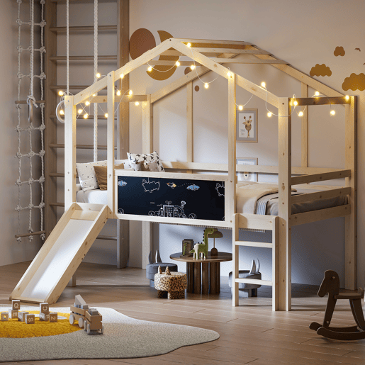 Cama infantil 90x200 cm - Design loft com escada e escorregador, quadro de grafite, cama multifuncional, cor madeira