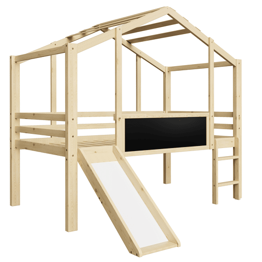Cama infantil 90x200 cm - Design loft com escada e escorregador, quadro de grafite, cama multifuncional, cor madeira