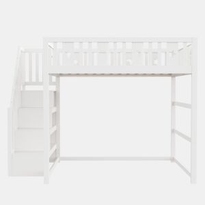 Cama alta infantil 140x200 - Com escada, cama de madeira maciça com grade de segurança, decoração de estrelas e lua - Branco