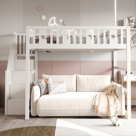 Cama alta infantil 140x200 - Com escada, cama de madeira maciça com grade de segurança, decoração de estrelas e lua - Branco