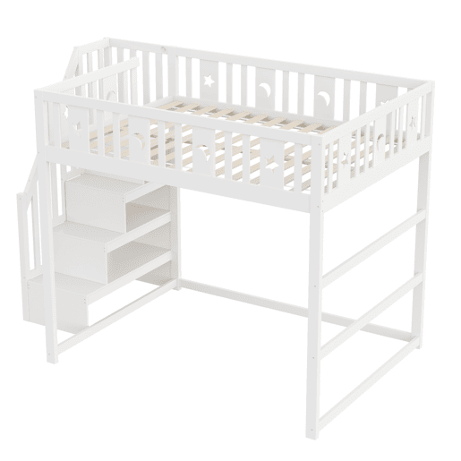 Cama alta infantil 140x200 - Com escada, cama de madeira maciça com grade de segurança, decoração de estrelas e lua - Branco