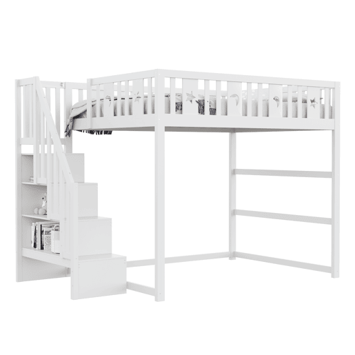 Cama alta infantil 140x200 - Com escada, cama de madeira maciça com grade de segurança, decoração de estrelas e lua - Branco