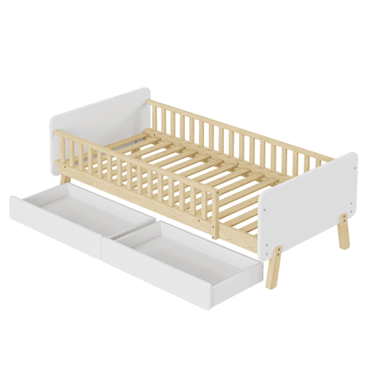 Cama de criança 90x190cm com 2 gavetas - cama individual de madeira maciça com estrado de molas - Branco