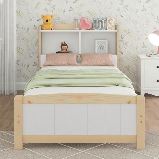 Cama de criança em madeira maciça com cabeceira + estrado de molas - 90x200cm - natural e branco