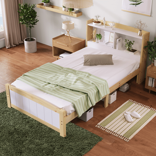 Cama de criança em madeira maciça com cabeceira + estrado de molas - 90x200cm - natural e branco