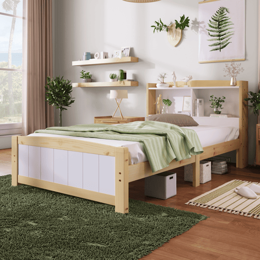Cama de criança em madeira maciça com cabeceira + estrado de molas - 90x200cm - natural e branco