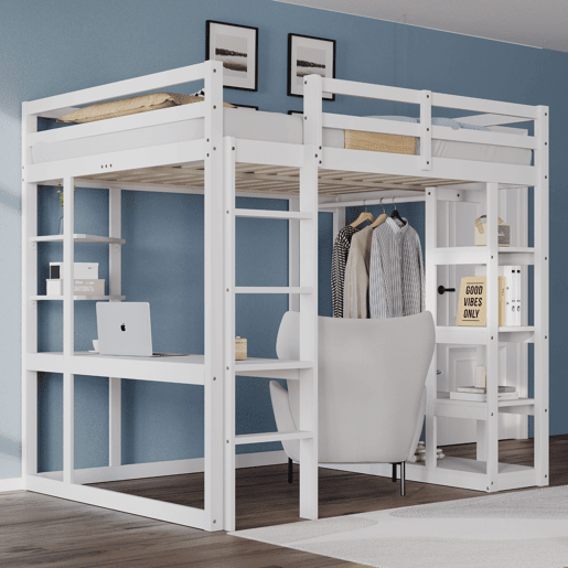 Cama alta com escada 140*200 cm - Com mesa e prateleiras, com cabides simples e arrumação em laminado - Branca