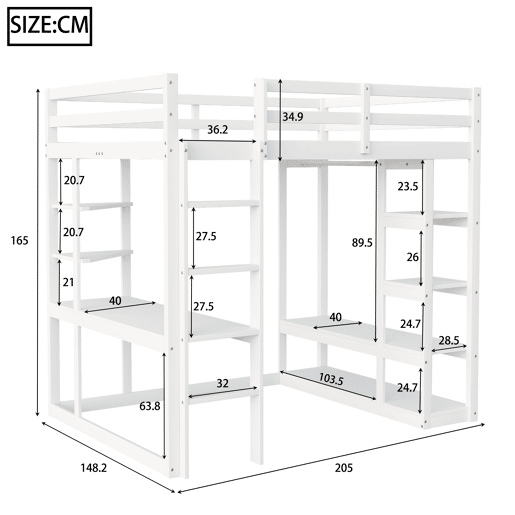 Cama alta com escada 140*200 cm - Com mesa e prateleiras, com cabides simples e arrumação em laminado - Branca