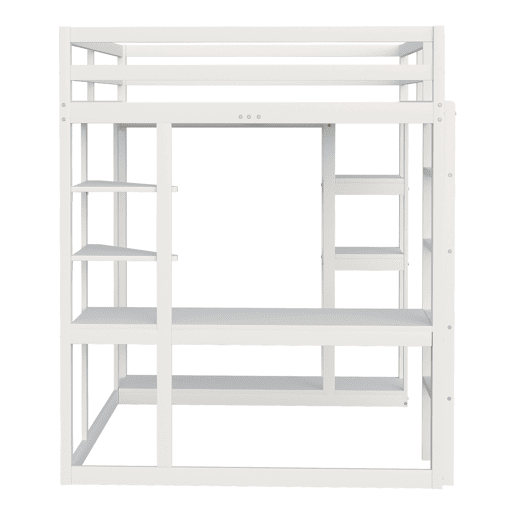 Cama alta com escada 140*200 cm - Com mesa e prateleiras, com cabides simples e arrumação em laminado - Branca