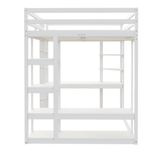 Cama alta com escada 140*200 cm - Com mesa e prateleiras, com cabides simples e arrumação em laminado - Branca