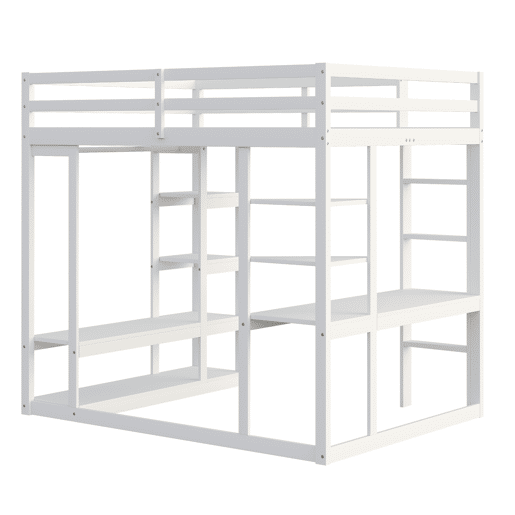Cama alta com escada 140*200 cm - Com mesa e prateleiras, com cabides simples e arrumação em laminado - Branca