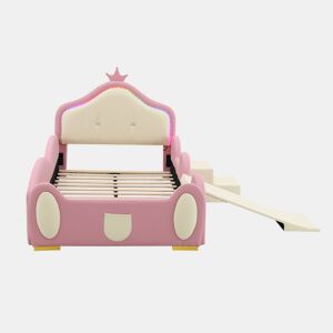 Cama estofada 90x200cm - Cama infantil com luzes LED, pequeno escorregador e escada - Rosa + Bege