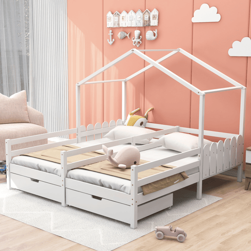 Cama-cabina em pinho maciço 2x90x200 cm - com 2 gavetas - Branco