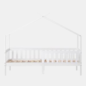 Cama casa 200x90 cm - Cama infantil em madeira maciça com grade e estrado, com proteção anti-queda - Branca
