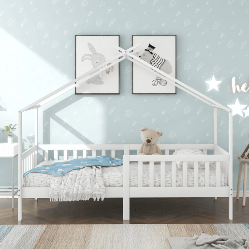 Cama casa 200x90 cm - Cama infantil em madeira maciça com grade e estrado, com proteção anti-queda - Branca Cama casa 200x90 cm - Cama infantil em madeira maciça com grade e estrado, com proteção anti-queda - Branca