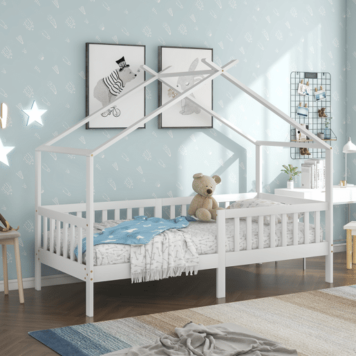 Cama casa 200x90 cm - Cama infantil em madeira maciça com grade e estrado, com proteção anti-queda - Branca Cama casa 200x90 cm - Cama infantil em madeira maciça com grade e estrado, com proteção anti-queda - Branca