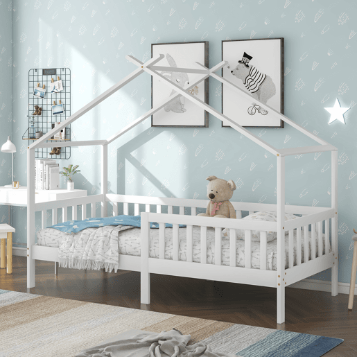 Cama casa 200x90 cm - Cama infantil em madeira maciça com grade e estrado, com proteção anti-queda - Branca Cama casa 200x90 cm - Cama infantil em madeira maciça com grade e estrado, com proteção anti-queda - Branca