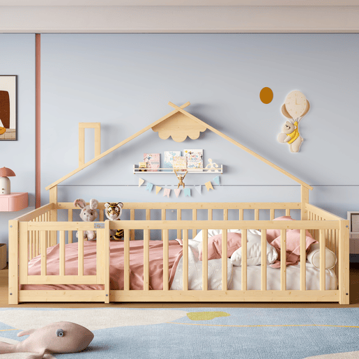 Cama infantil 140x190 cm - Barreira com fechadura, ripas - Madeira de pinho, natural