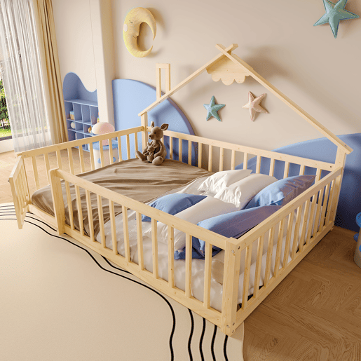 Cama infantil 140x190 cm - Barreira com fechadura, ripas - Madeira de pinho, natural