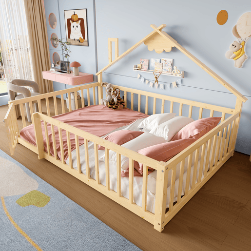 Cama infantil 140x190 cm - Barreira com fechadura, ripas - Madeira de pinho, natural
