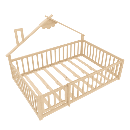 Cama infantil 140x190 cm - Barreira com fechadura, ripas - Madeira de pinho, natural