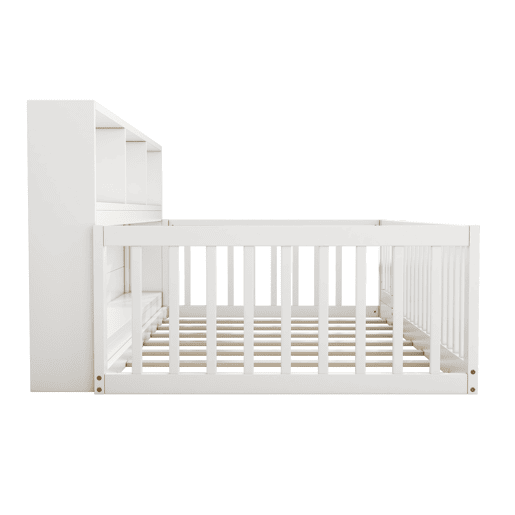 Cama de madeira 90x200 cm - com cabeceira com arrumação e mola de caixa - Branco