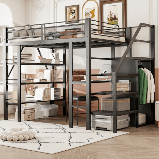 Cama alta 140*200 cm - Estante de três níveis, secretária, armário, escada de segurança com espaço de arrumação, design com cerca alta, cama de ferro, cama individual - Preta