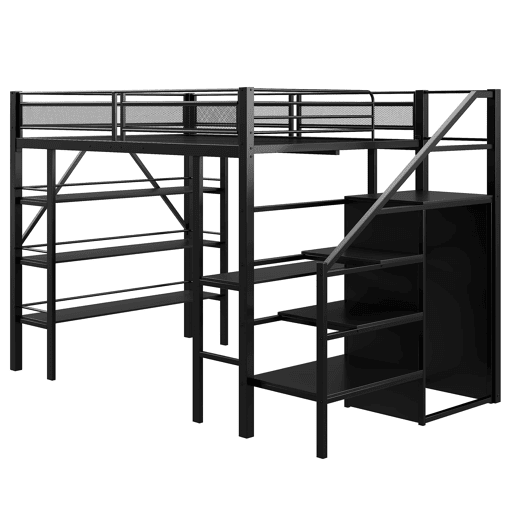 Cama alta 140*200 cm - Estante de três níveis, secretária, armário, escada de segurança com espaço de arrumação, design com cerca alta, cama de ferro, cama individual - Preta