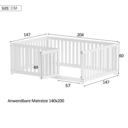 Cama de madeira maciça para crianças 140x200cm com barreira de segurança - Branco