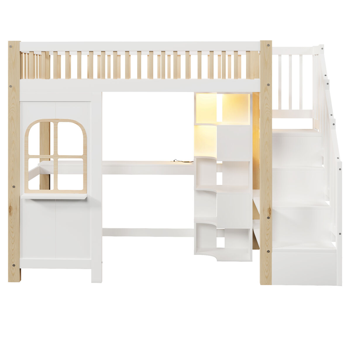 Cama alta 90x200 cm - con luces led, ventana, escalera con almacenamiento, escritorio, enchufe - blanco+natural