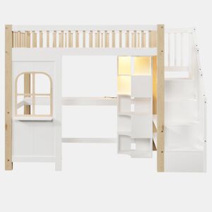 Cama alta 90x200 cm - Com luzes LED, janela, escada com arrumação, secretária, tomada - Branco+Natural