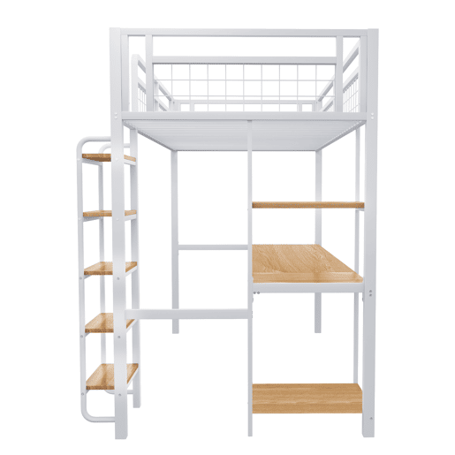 Cama alta metálica 90x200 cm - com secretária e escada de segurança - Branco