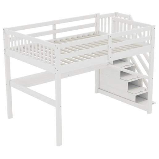 Cama alta 140x200 - Cama infantil com gavetas de arrumação e secretária por baixo - Branca