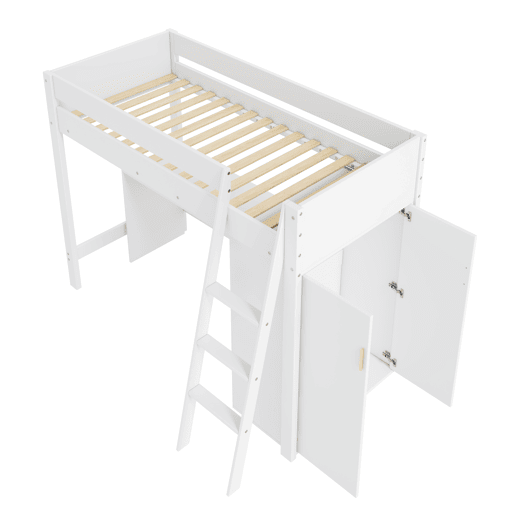 Cama alta de madeira 90x200 cm - com secretária e roupeiro modular - Branco