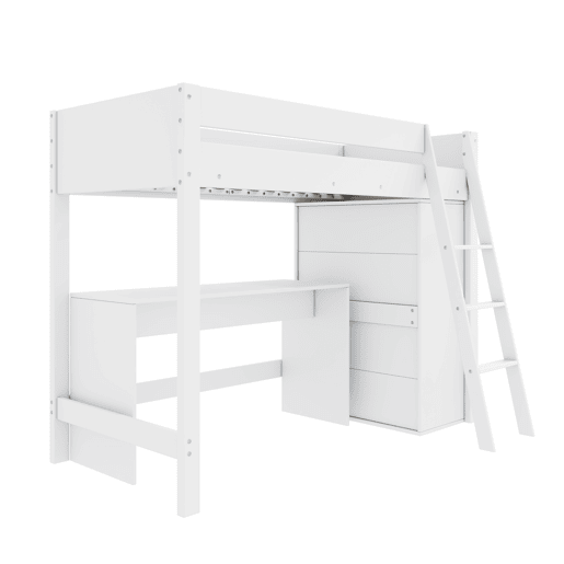 Cama alta de madeira 90x200 cm - com secretária e roupeiro modular - Branco