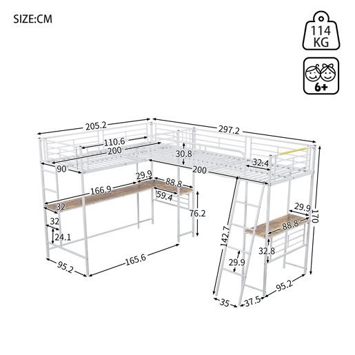 Cama em mezzanine - 2 camas 90x200 cm - 2 secretárias debaixo da cama - Branco