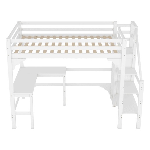 Cama alta de madeira 140x200 cm - com secretária, roupeiro e estrado - Branco