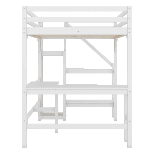 Cama alta de madeira 140x200 cm - com secretária, roupeiro e estrado - Branco