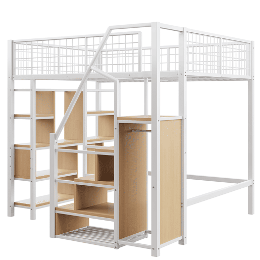 Cama alta multifuncional 140 x 200 cm - Com arrumação, prateleiras e escada - Branco