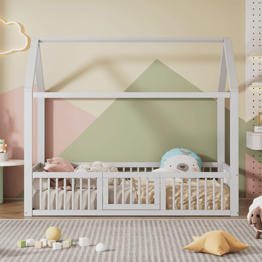 Cama de madeira maciça 90x200 cm - Cama de casal, cama plana, cama de casa, cama de casa com porta - Branca