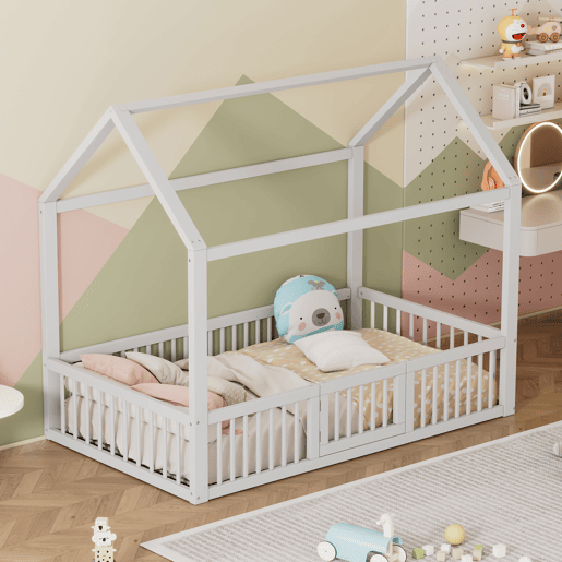 Cama de madeira maciça 90x200 cm - Cama de casal, cama plana, cama de casa, cama de casa com porta - Branca
