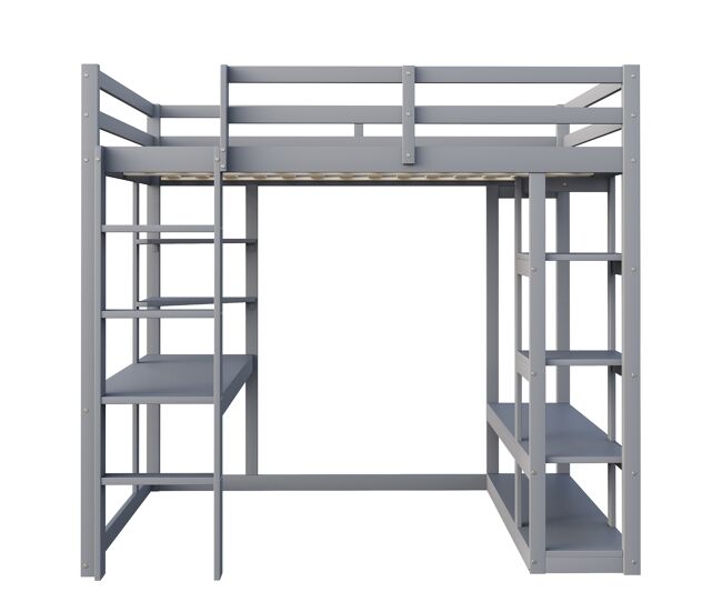 Cama alta 140*200 cm - con mesa y estantes, con colgadores y compartimentos, laminado - gris