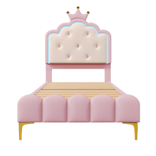 Cama estofada 90x200 cm com LED - Pele sintética - com estrado de molas - Rosa