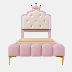 Cama estofada 90x200 cm com LED - Pele sintética - com estrado de molas - Rosa