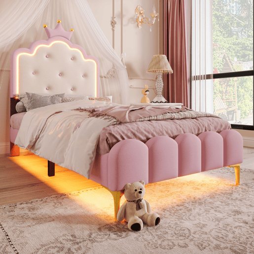 Cama estofada 90x200 cm com LED - Pele sintética - com estrado de molas - Rosa