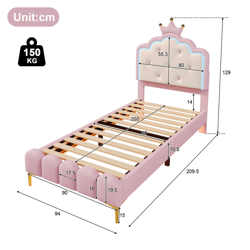 Cama estofada 90x200 cm com LED - Pele sintética - com estrado de molas - Rosa