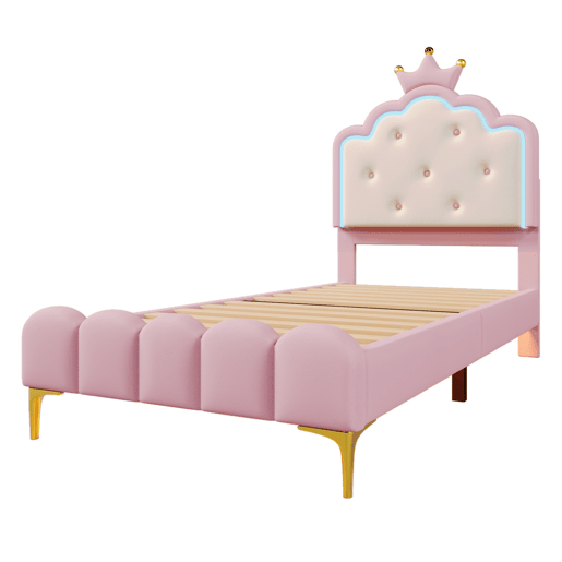 Cama estofada 90x200 cm com LED - Pele sintética - com estrado de molas - Rosa