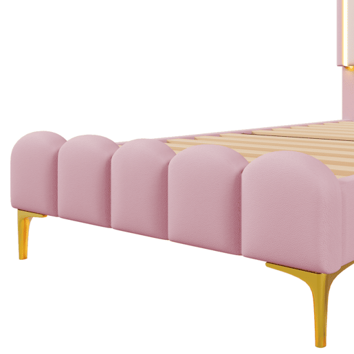 Cama estofada 90x200 cm com LED - Pele sintética - com estrado de molas - Rosa