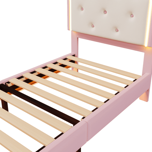 Cama estofada 90x200 cm com LED - Pele sintética - com estrado de molas - Rosa